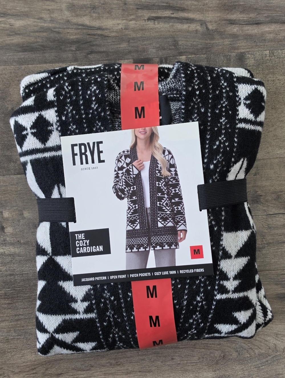 FRYE Cardigan Sweater Medium Women's Jacquard Patterned Black & White NWT - Picture 2 of 6